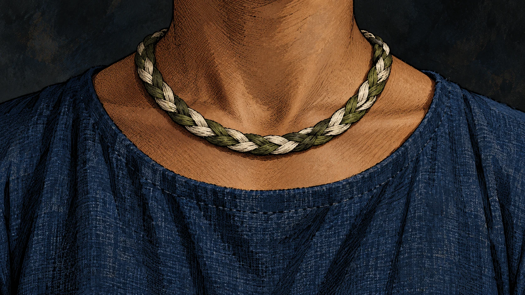 A braided cream and olive necklet rests against an indigo garment.
