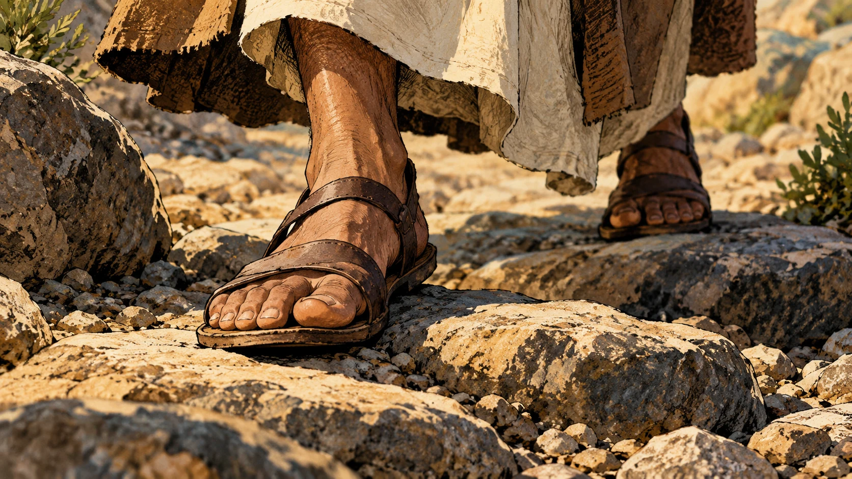 Sandaled feet take a stable step over uneven stones.
