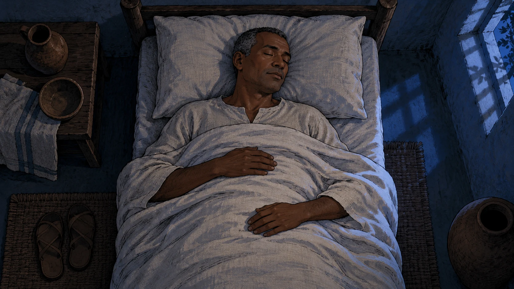 An adult sleeps peacefully beneath linen bedding in a blue-lit room.