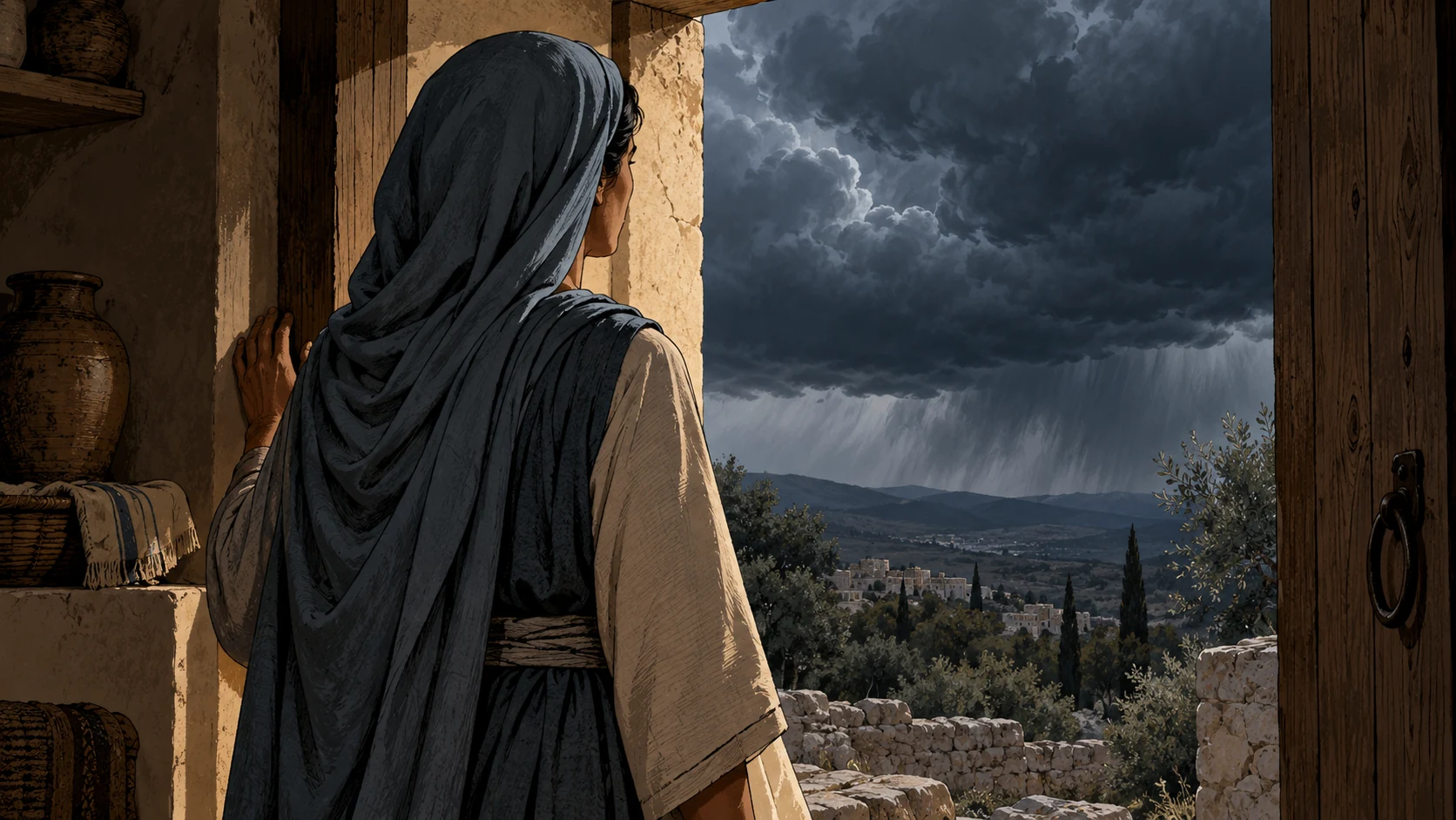 A woman stands at a sheltered doorway facing gathering storm clouds.