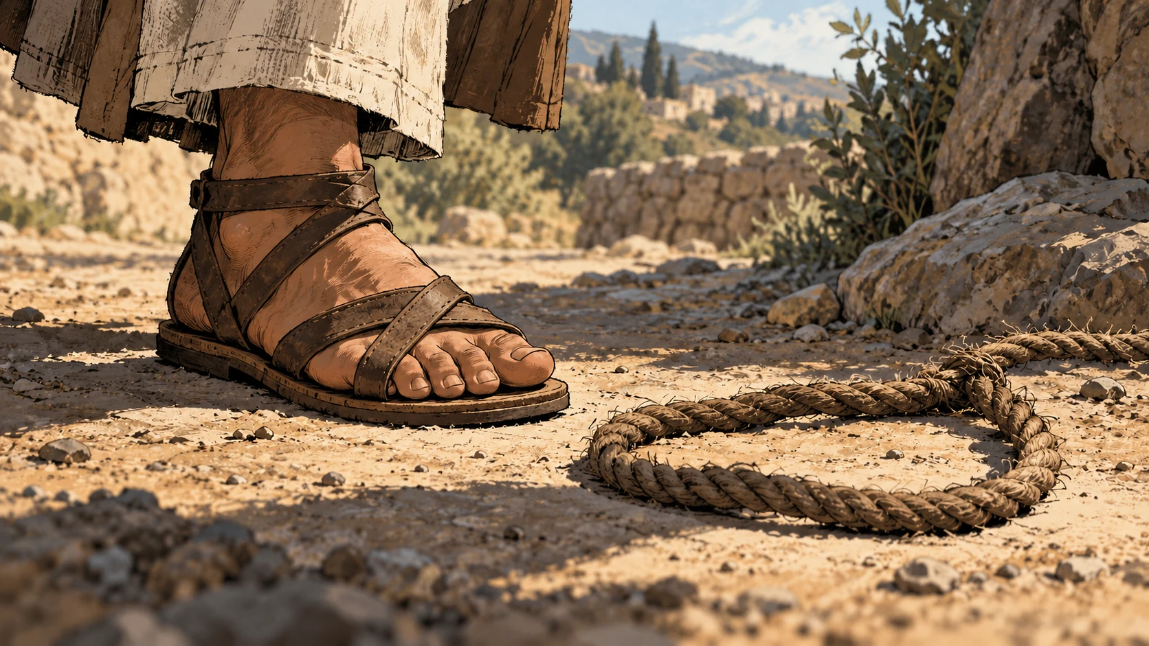 A sandaled foot stands safely beside an empty loop of rope.