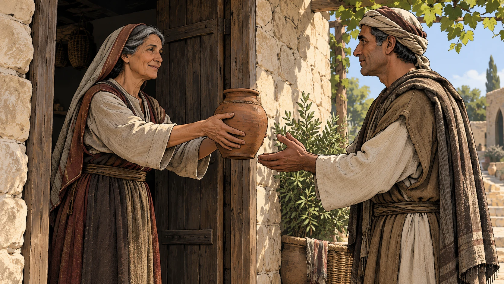 An elderly woman offers a clay jar to a waiting neighbor at her doorway.