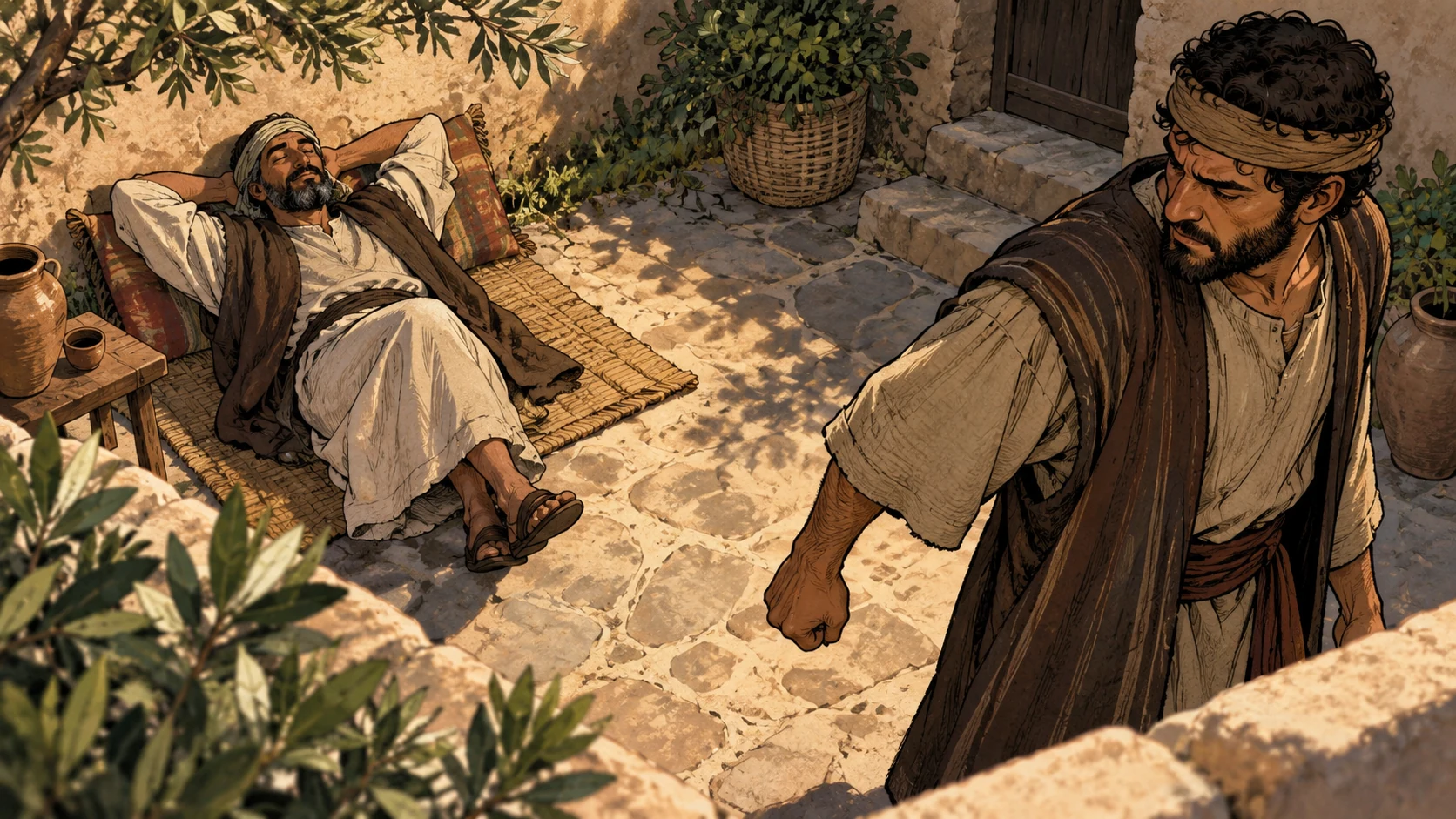 A neighbor rests in a courtyard while another adult lowers a clenched hand.
