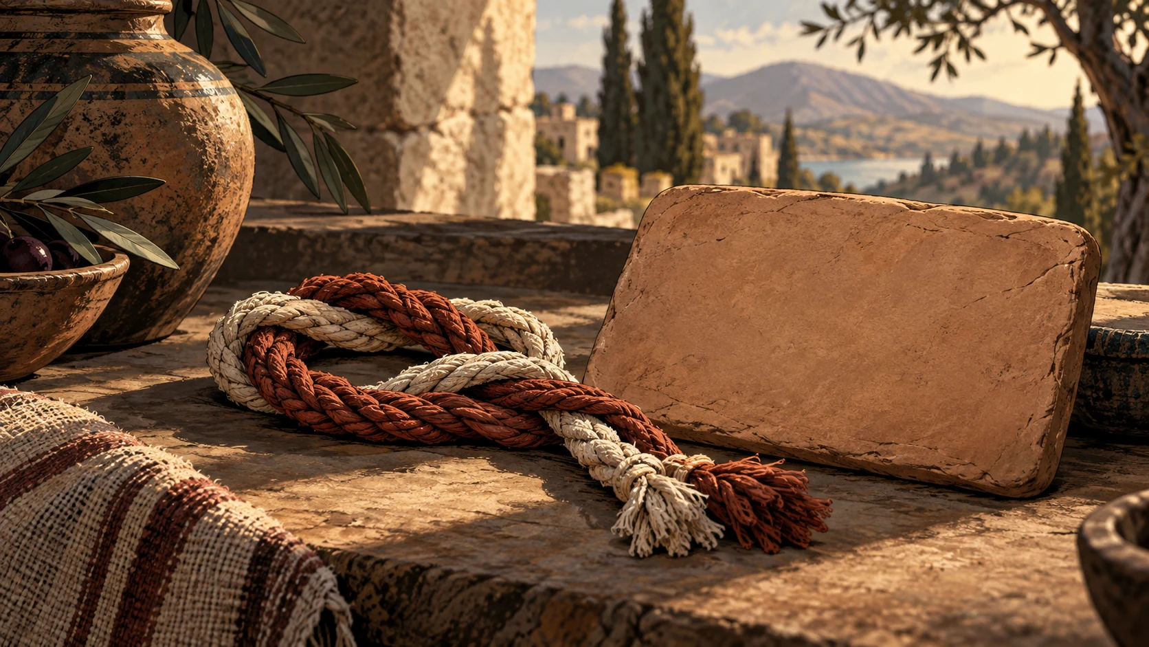 Intertwined cords lie beside a blank clay tablet on woven fabric.