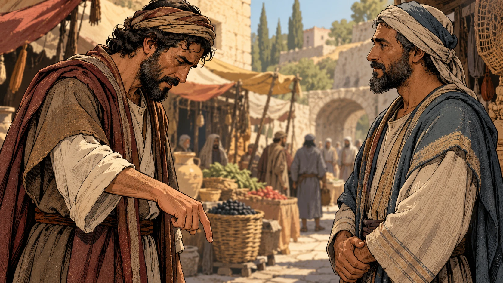 An adult lowers a pointing hand before a calm neighbor in a market.