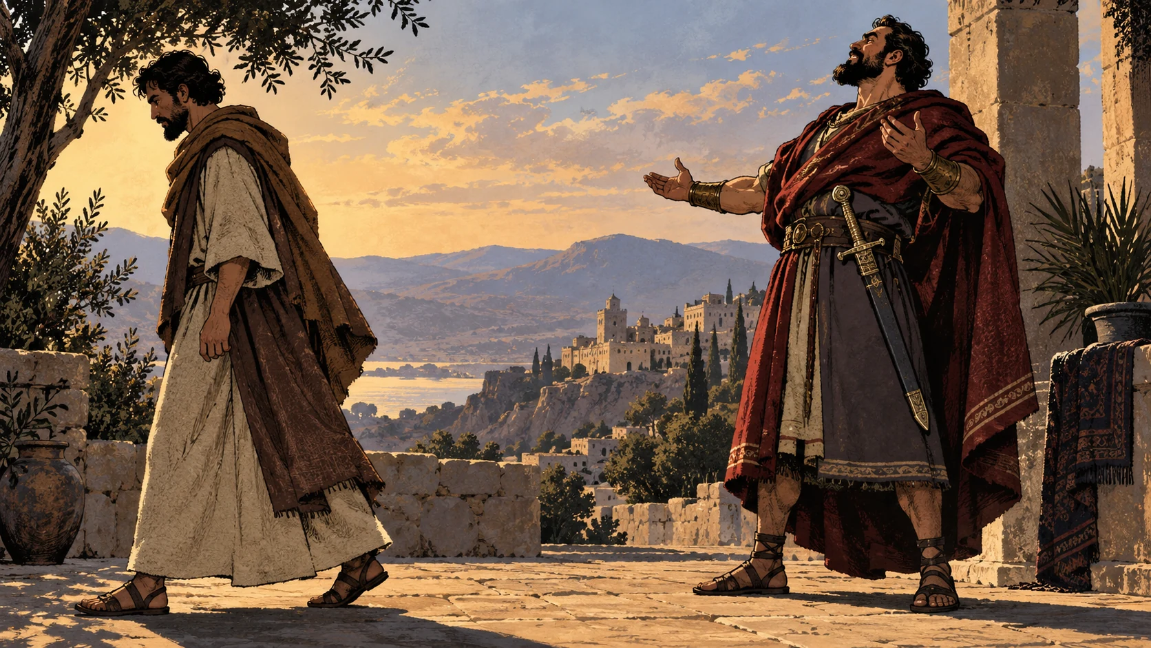 An adult walks away from a boastful man carrying a sword at his belt.