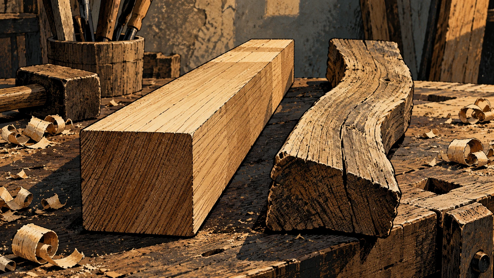 Straight and warped timbers lie beside one another on a carpenter’s bench.