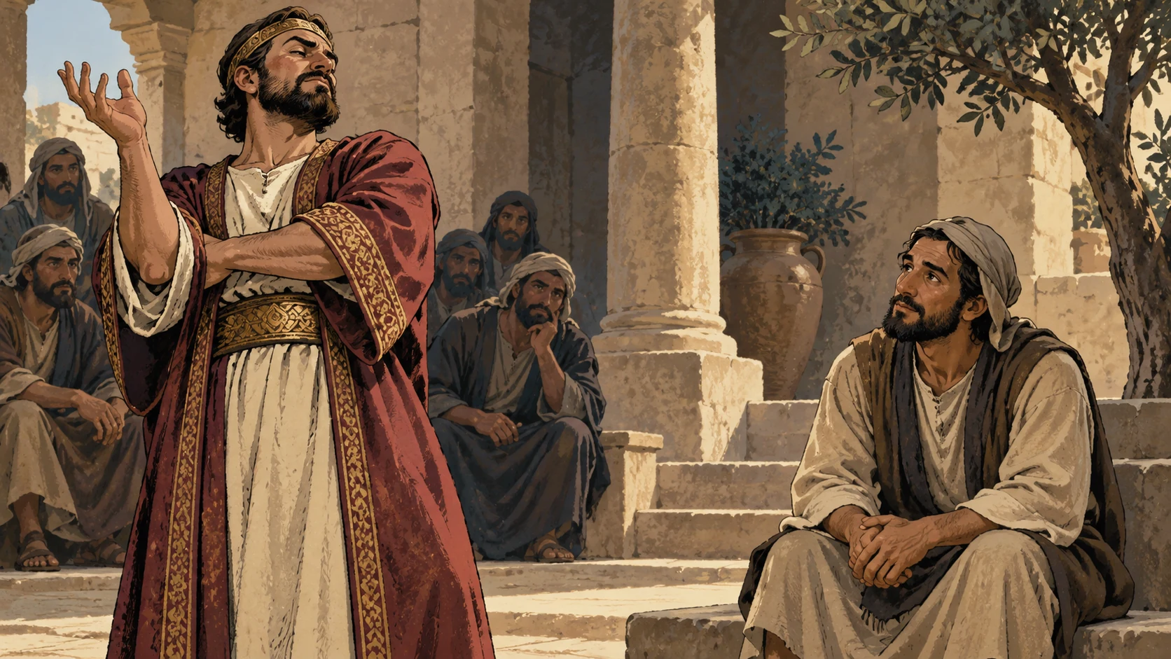 A proud dismissive adult stands beside a modest seated listener in a teaching court.