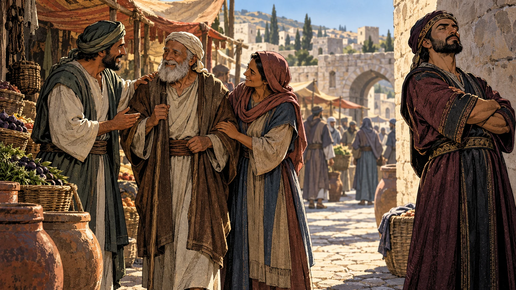Neighbors warmly greet a modest elder while a proud figure stands apart.