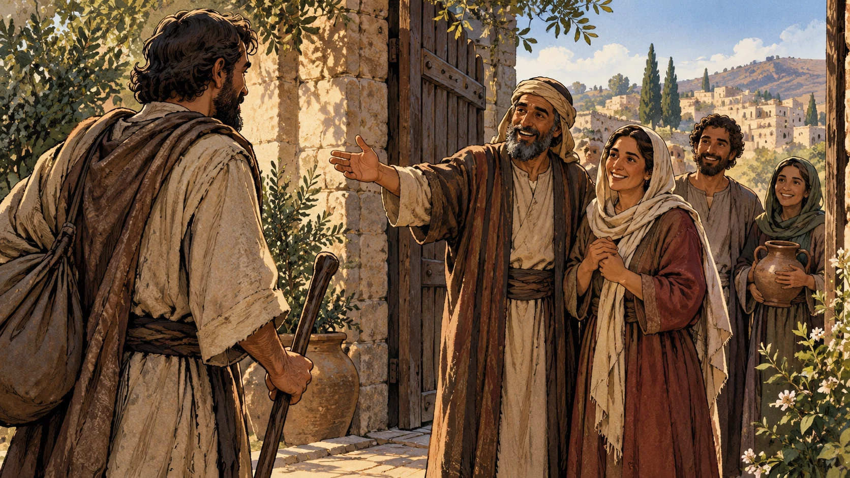 Neighbors welcome an unassuming adult at a stone gateway.