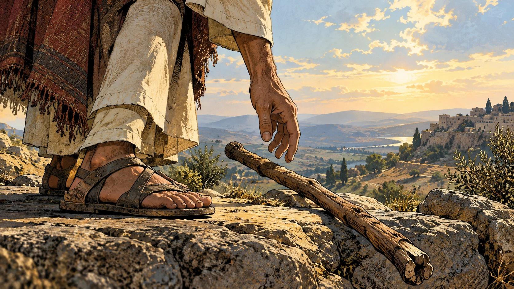 A hand releases a brittle staff while sandaled feet stand on firm stone.