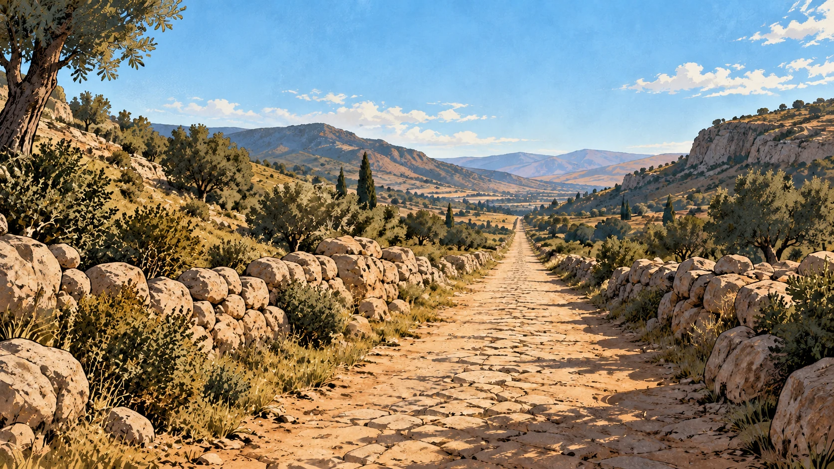 A straight, empty path crosses low hills under a clear sky.