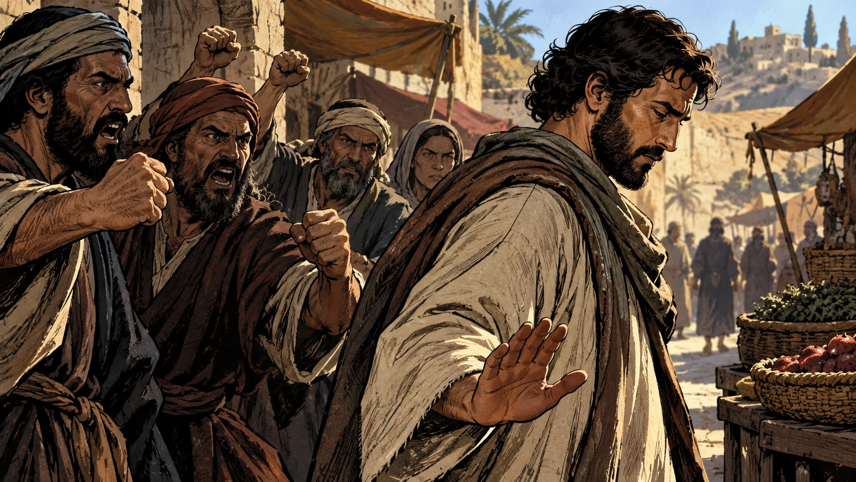 An adult turns away from men raising clenched fists in a market.