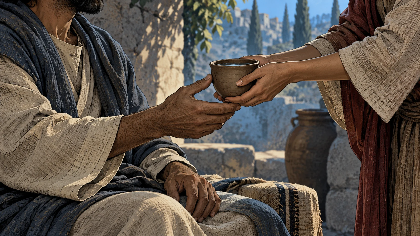 Hands offer a clay cup of water to a seated, clothed adult.