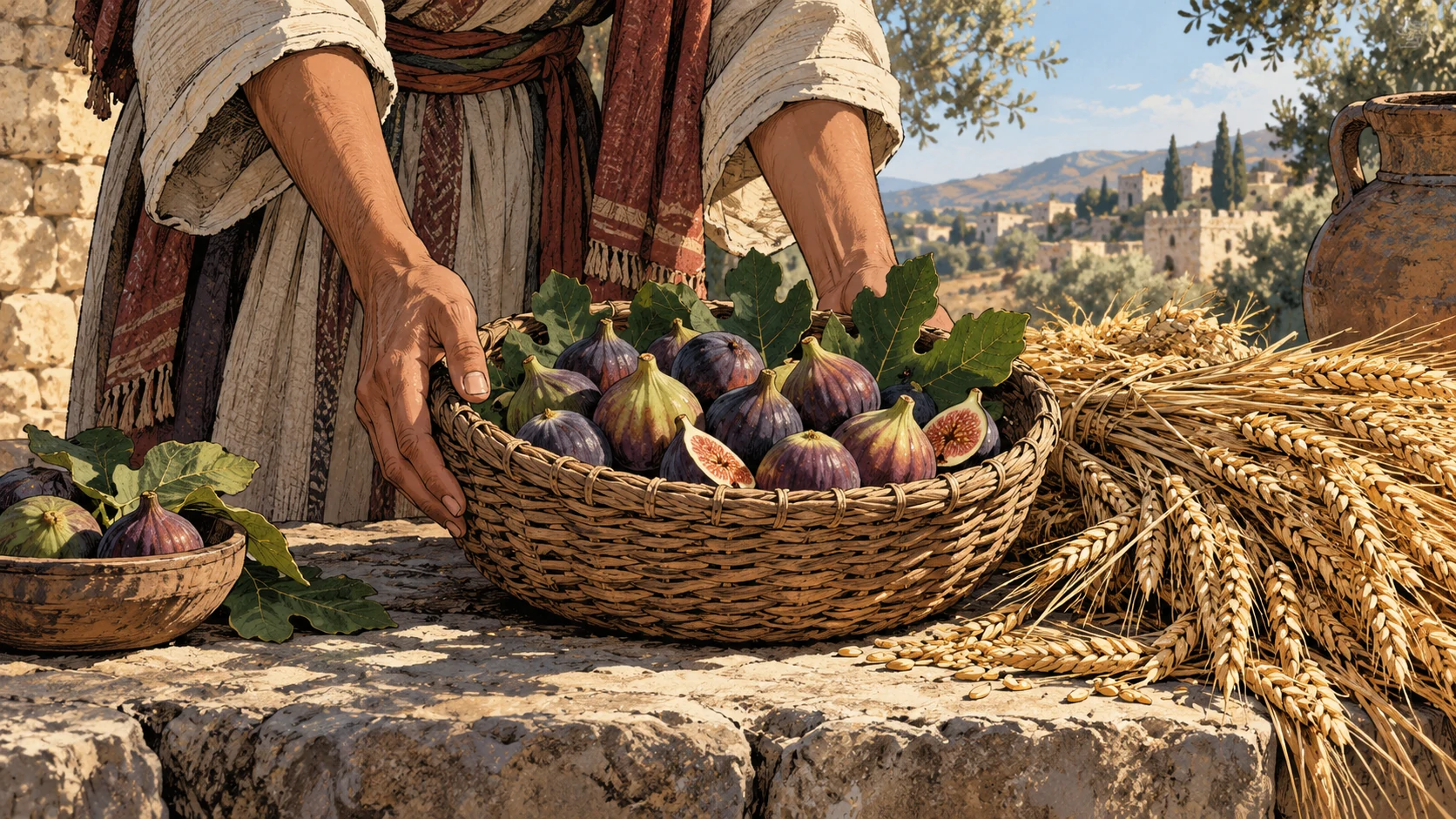 Hands set a basket of ripe figs beside freshly cut grain.