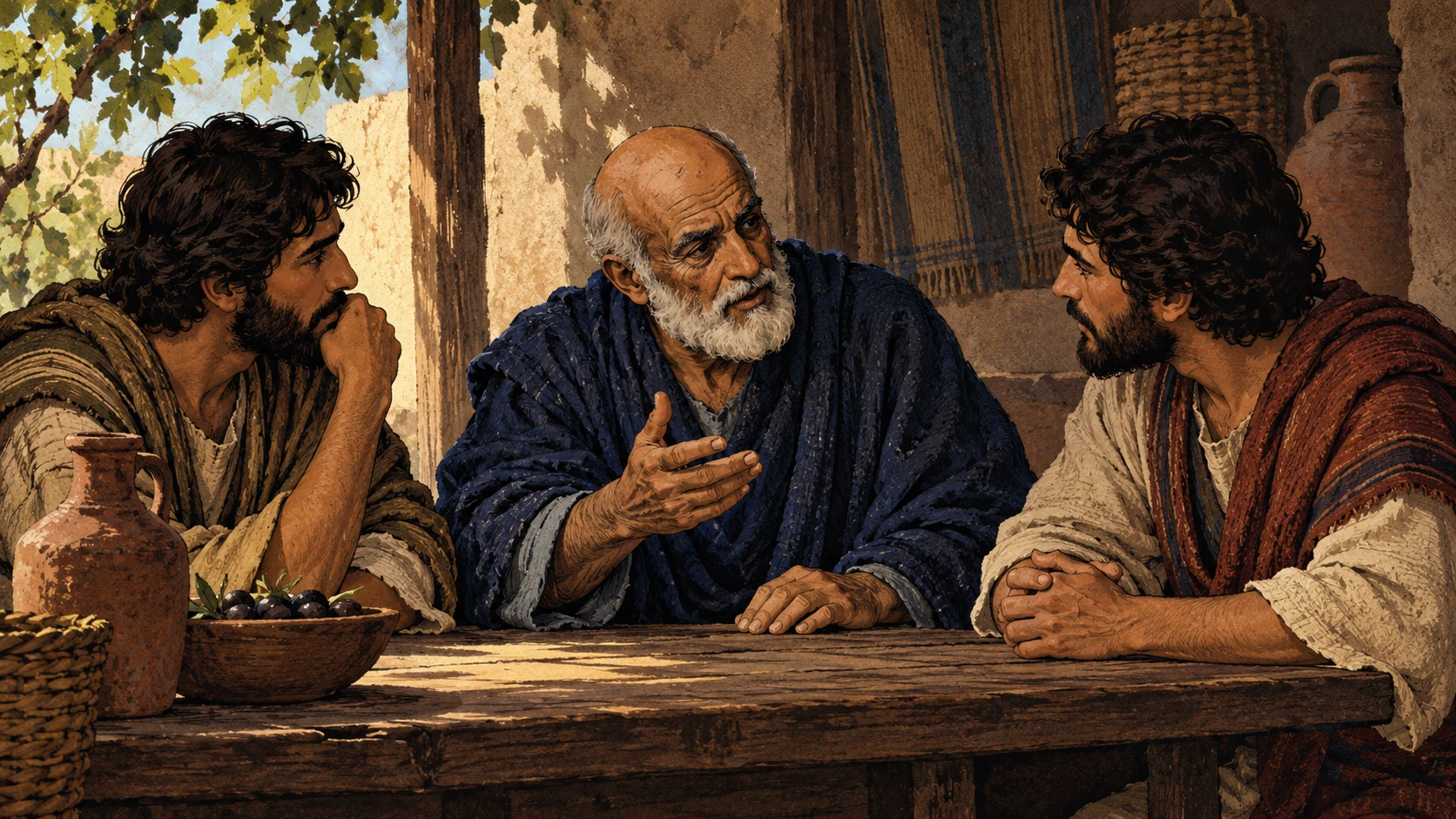 A bald elder in indigo teaches two attentive adult sons at a shaded table.