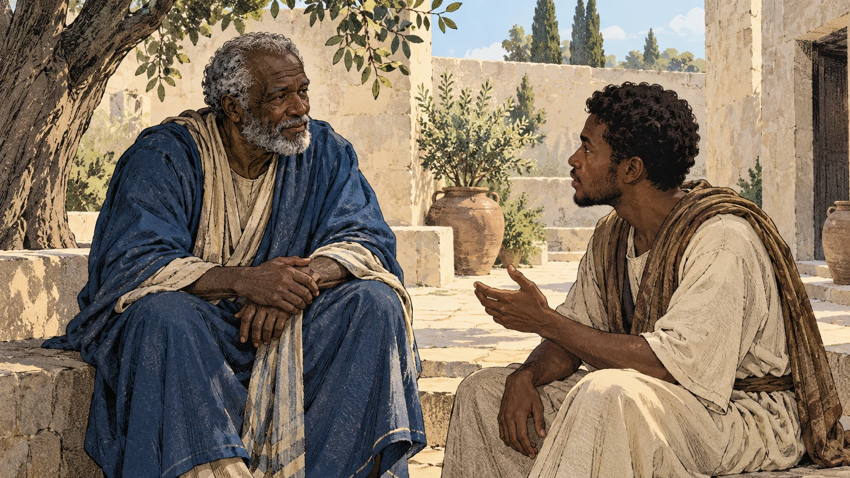 An elderly man in blue and a younger adult sit attentively in a quiet courtyard.