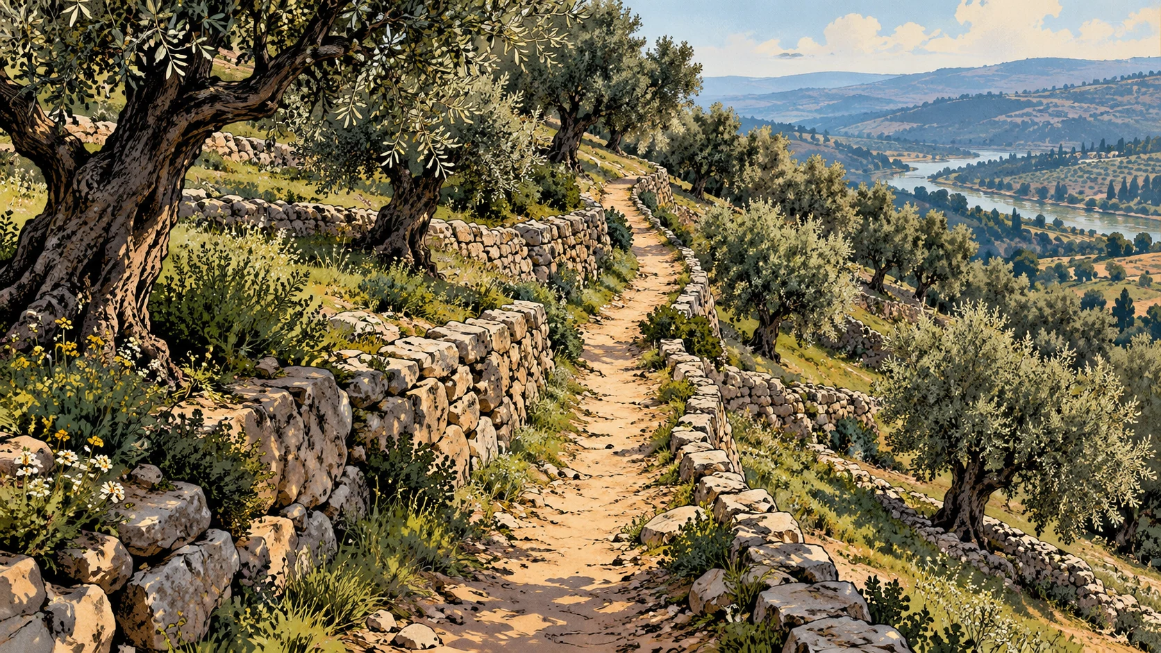 An empty path runs between olive terraces and retaining stones.