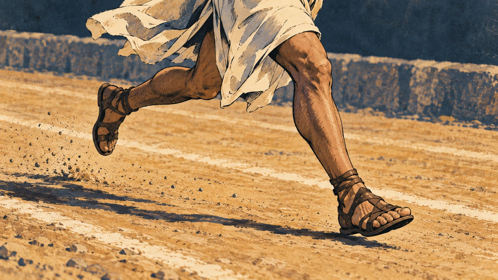 A runner’s sandaled feet stride freely along level ground.