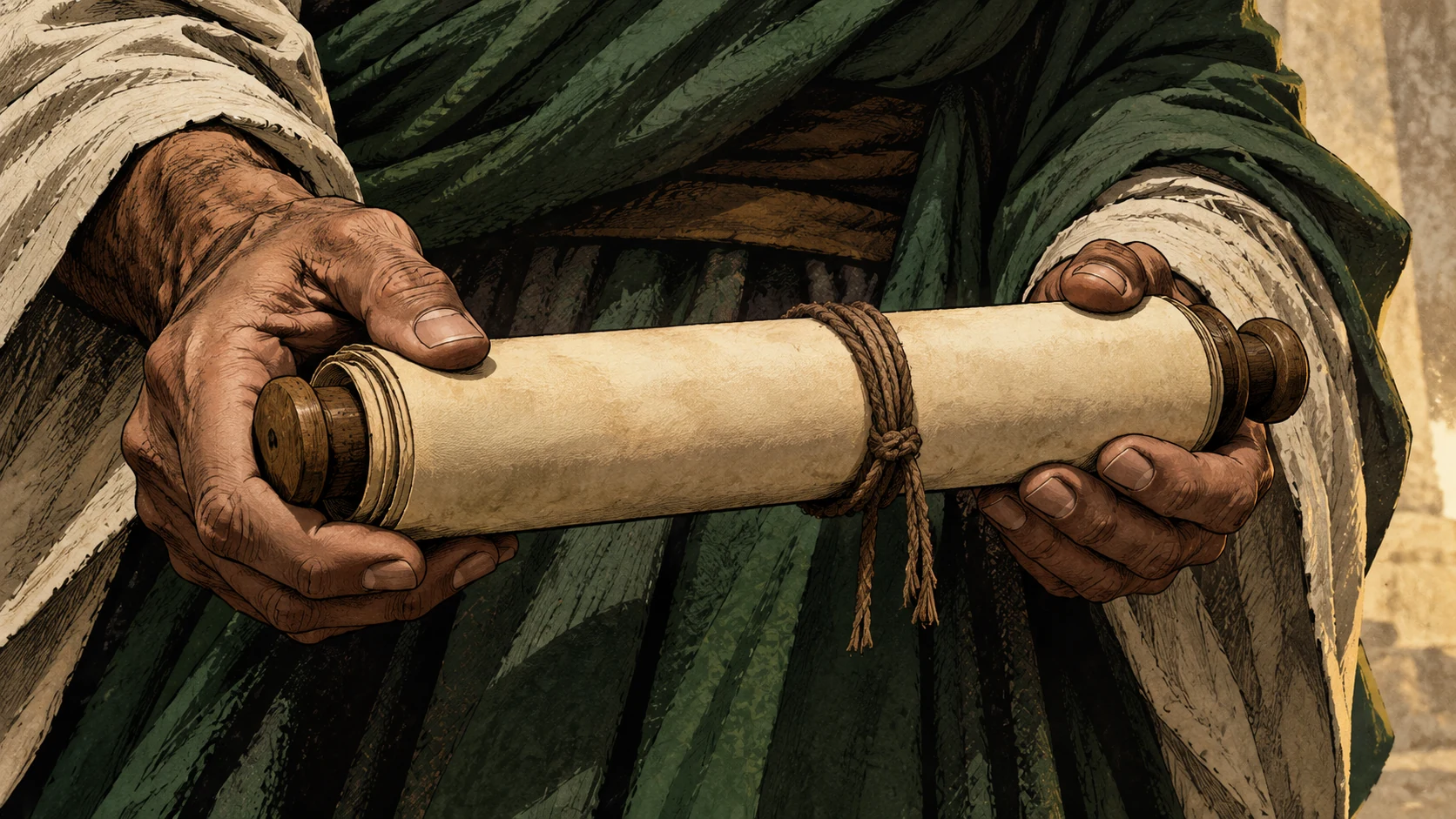 Weathered hands firmly hold a tied, closed scroll against green cloth.