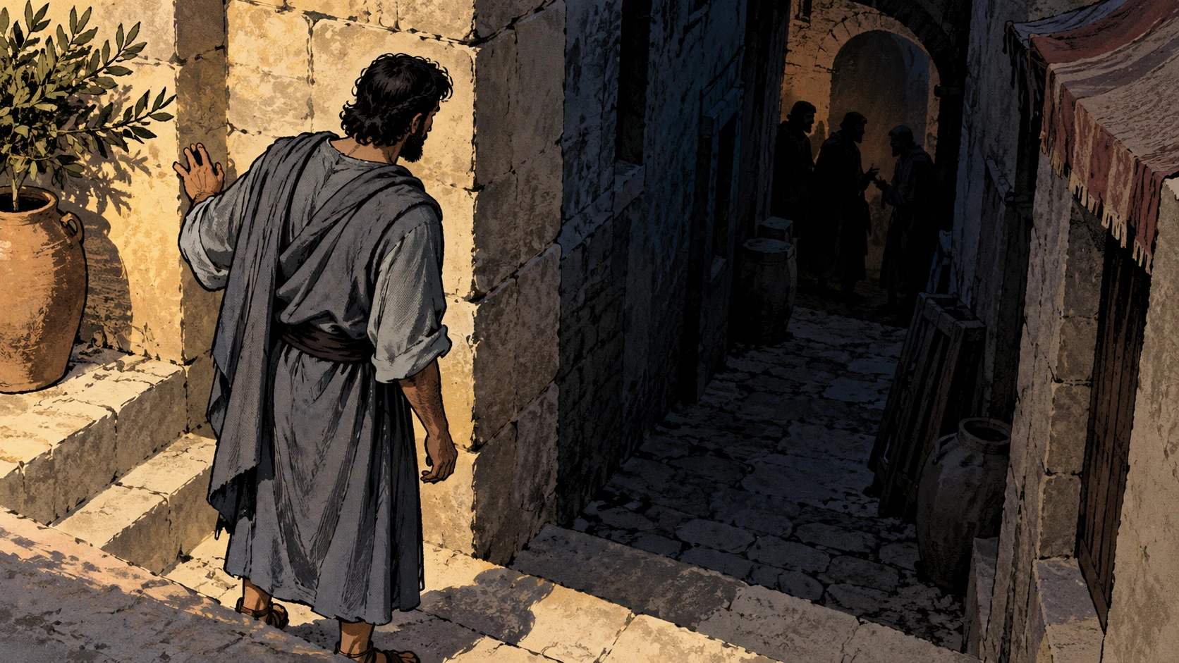 An adult pauses outside a dark passage containing distant tense silhouettes.