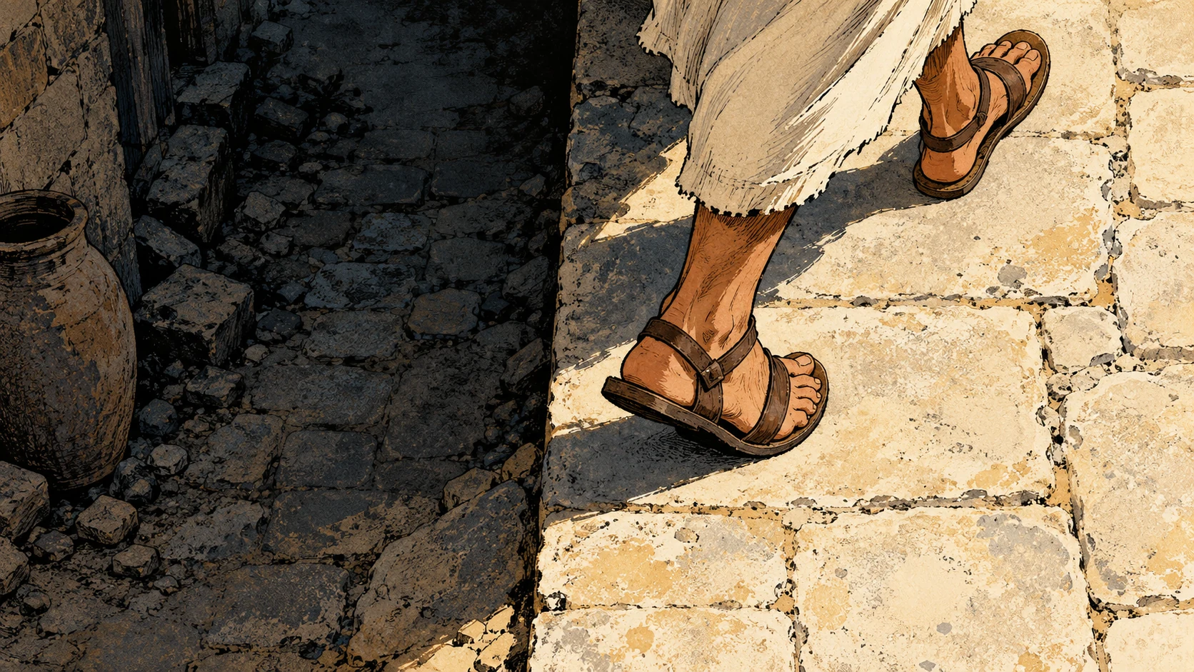 Sandaled feet turn onto clear paving beside a dark side lane.