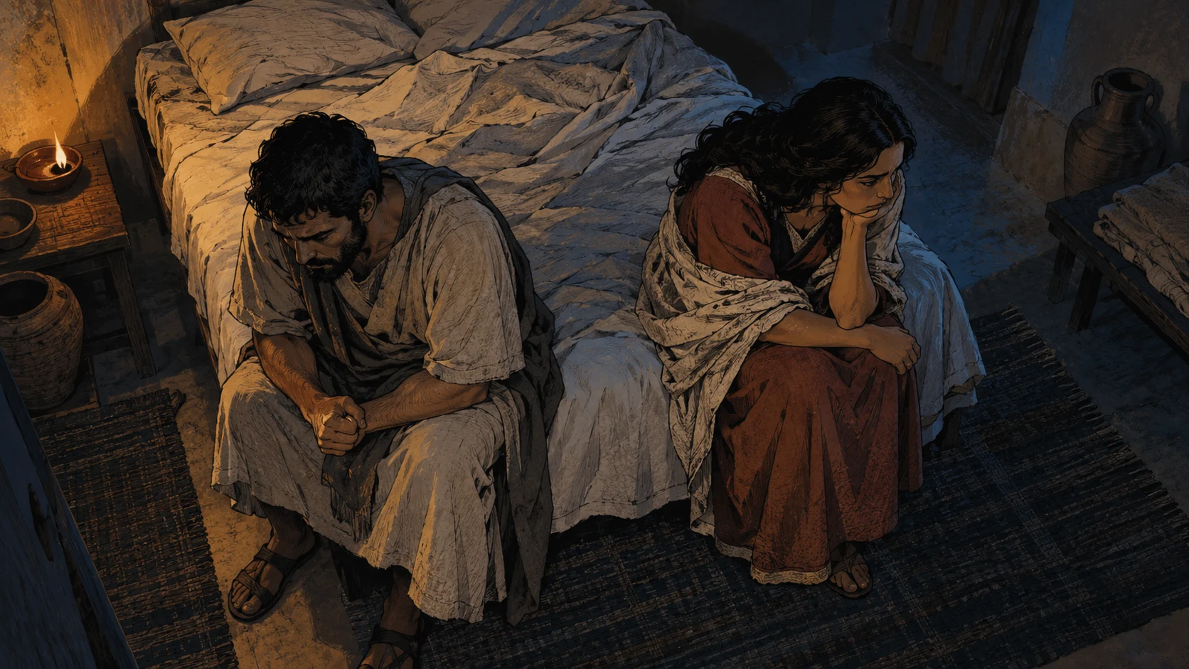 Two clothed adults sit awake and tense beside unused bedding.