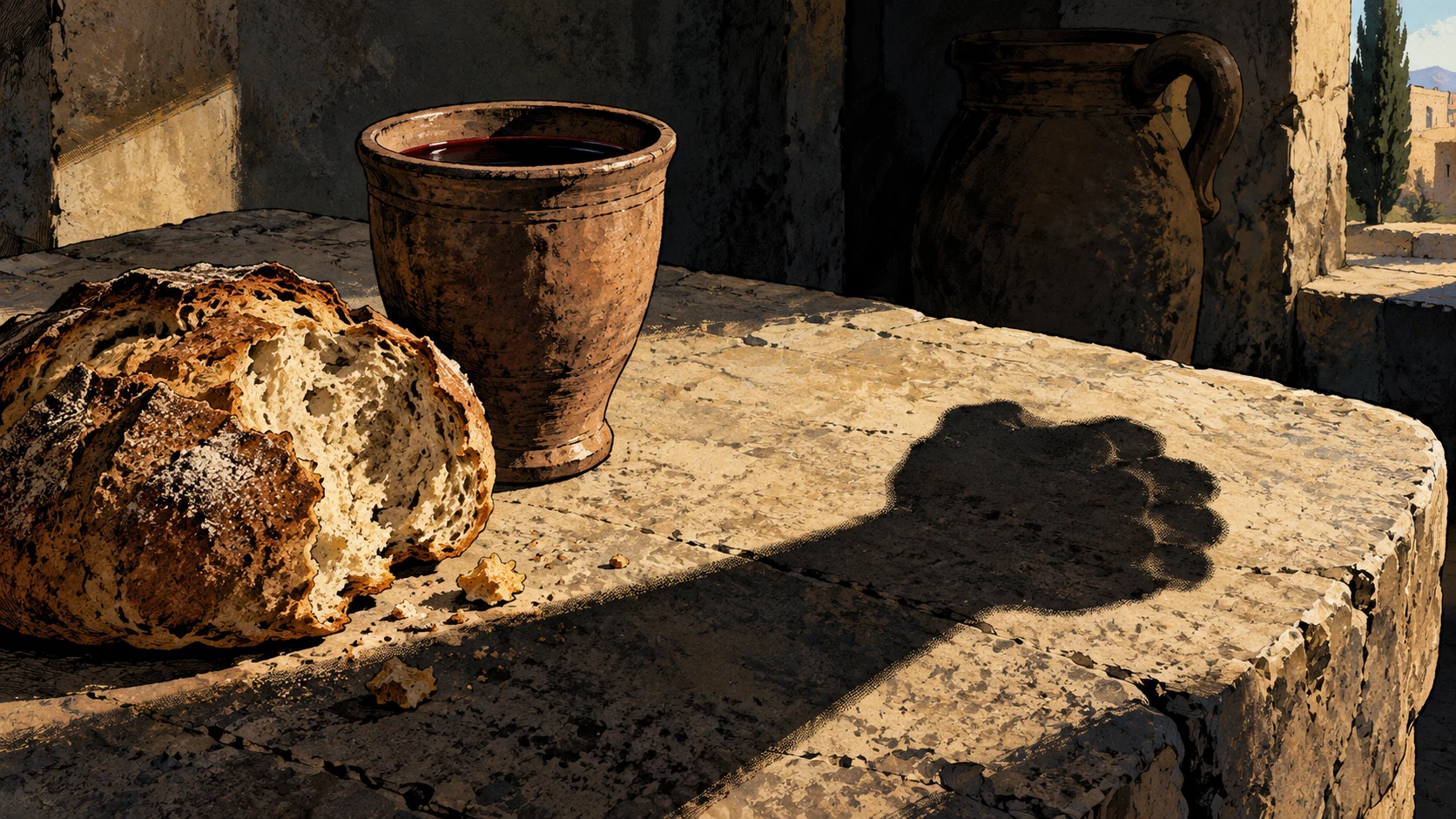 Bread and a clay cup of wine lie beneath a clenched-hand shadow.