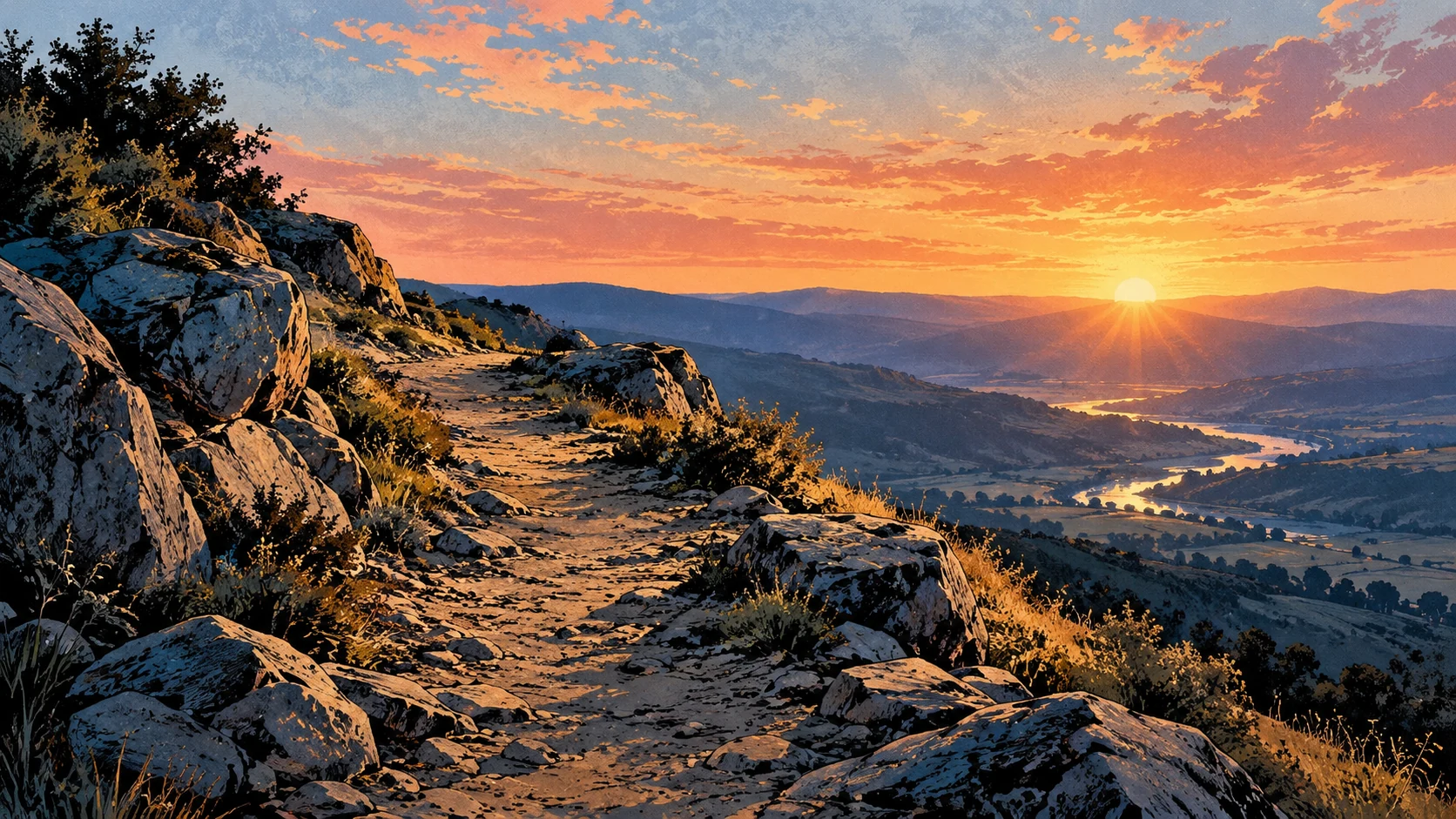 An empty ridge path catches rising dawn light.