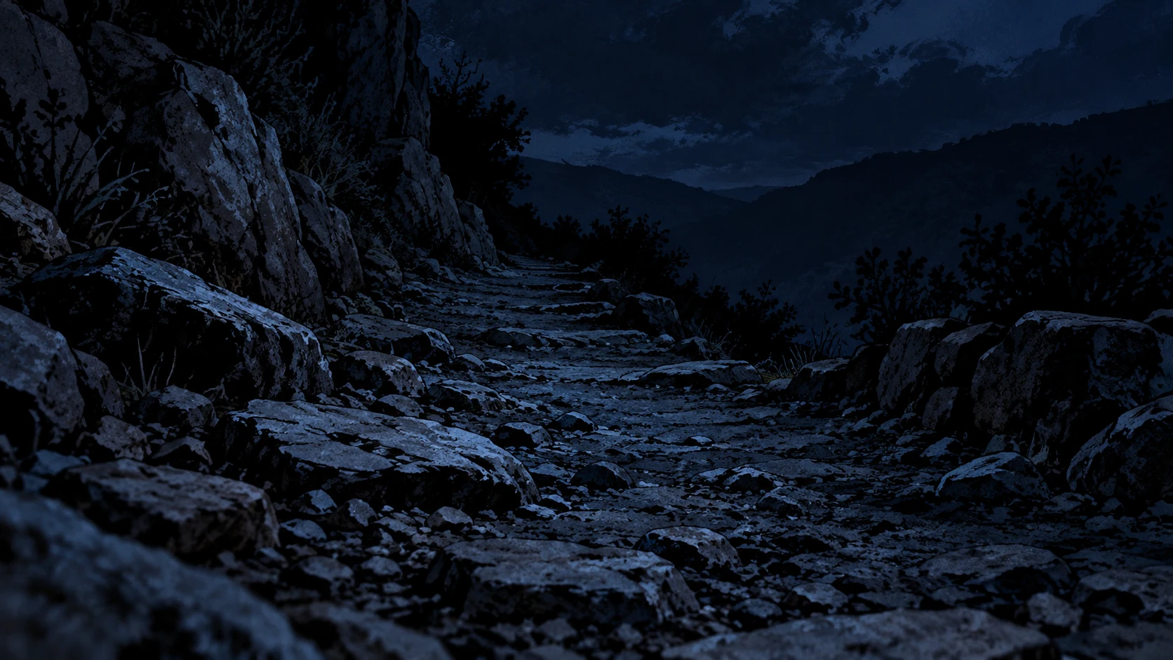 An empty rough path and scattered stones are barely visible in deep blue darkness.