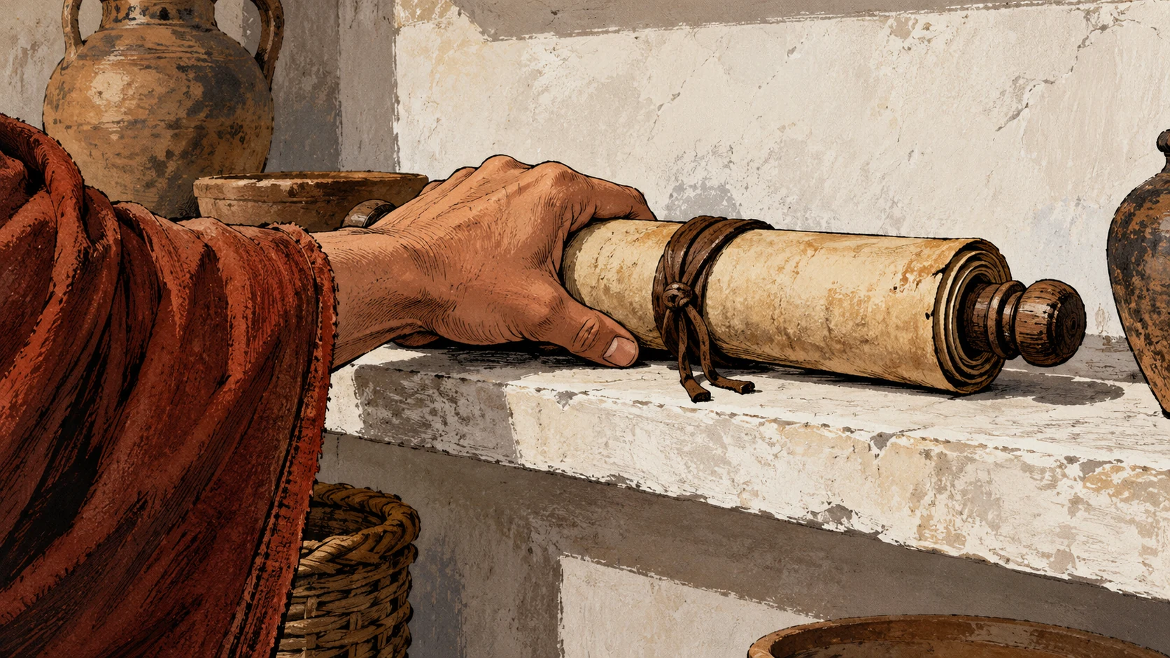 A rust-sleeved hand holds a closed scroll on a plain shelf.