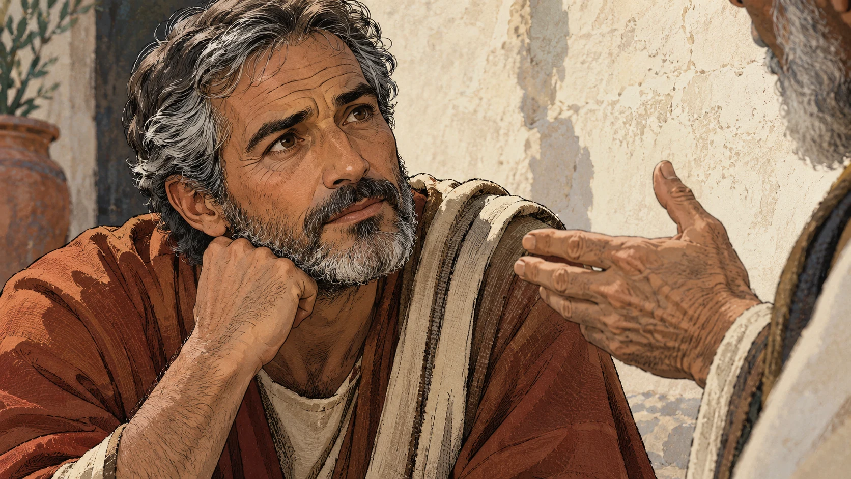 A gray-haired adult listens attentively beside a teacher’s restrained hand.