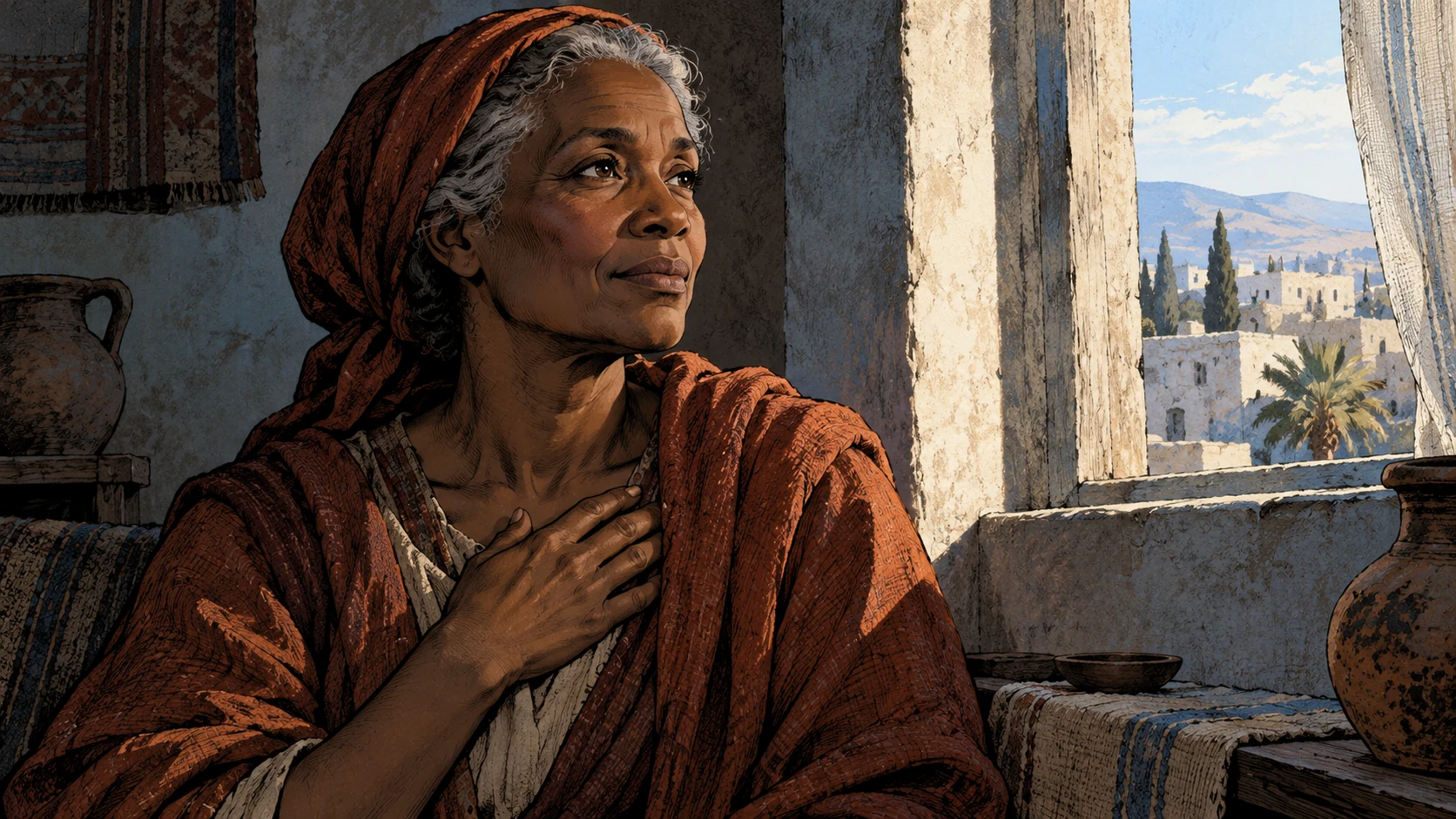 A gray-haired woman sits thoughtfully at a window with a hand near her chest.