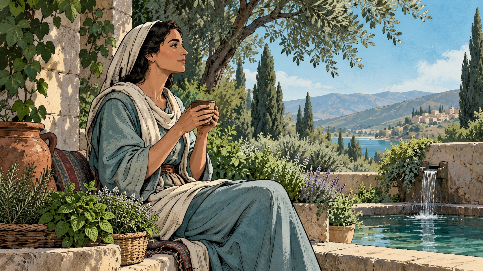 A woman rests with a water cup among thriving garden herbs.