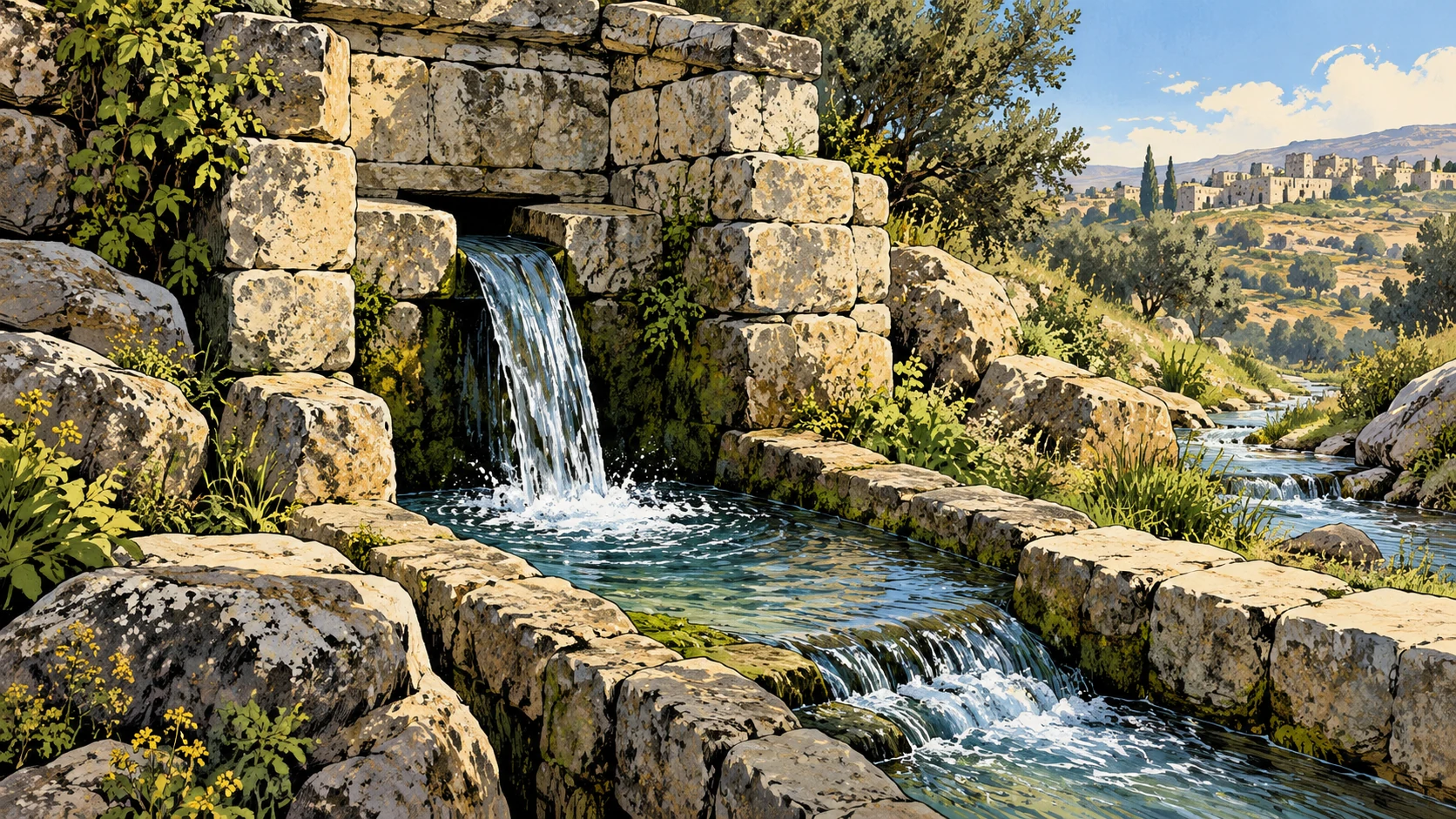 Clear spring water emerges from a stone enclosure and flows into a channel.