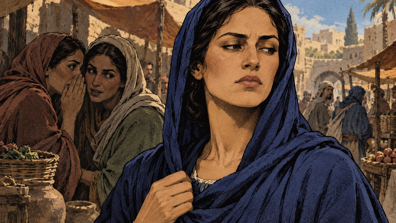 A woman closes her lips and turns away from a whispering pair in a market.