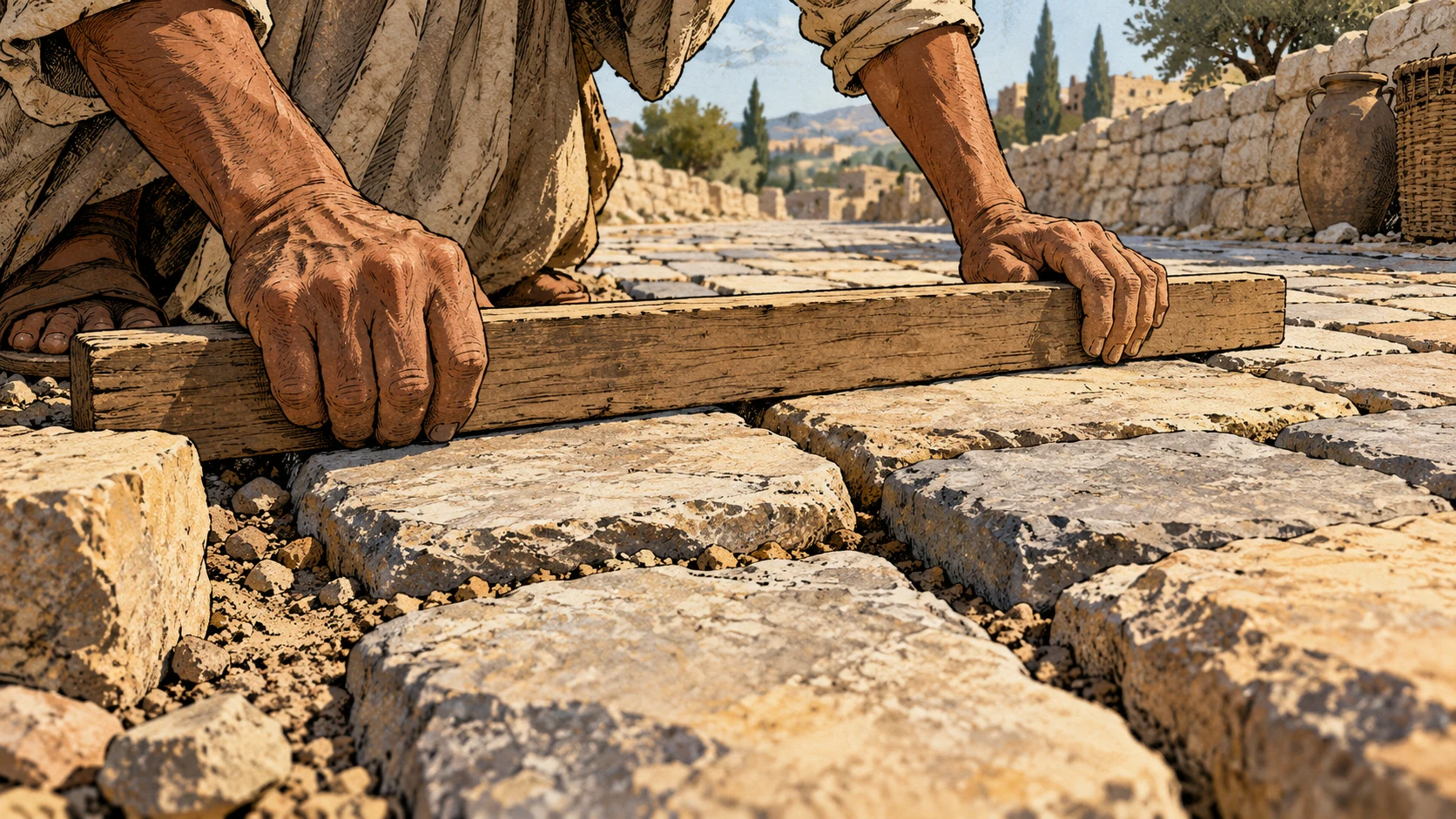 Hands level paving stones with a plain wooden straightedge.