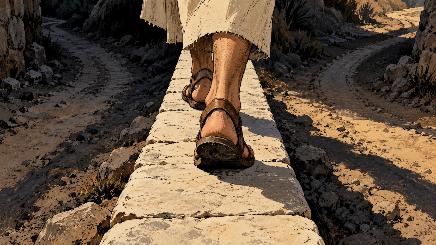 Sandaled feet follow straight paving between side tracks.