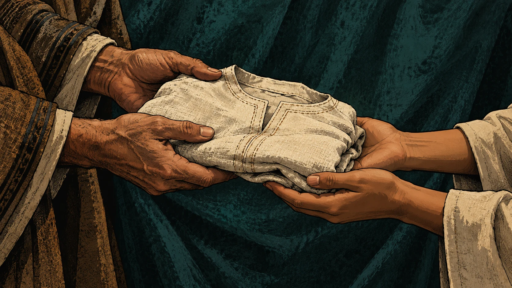 Caring adult hands cradle a small folded linen tunic.