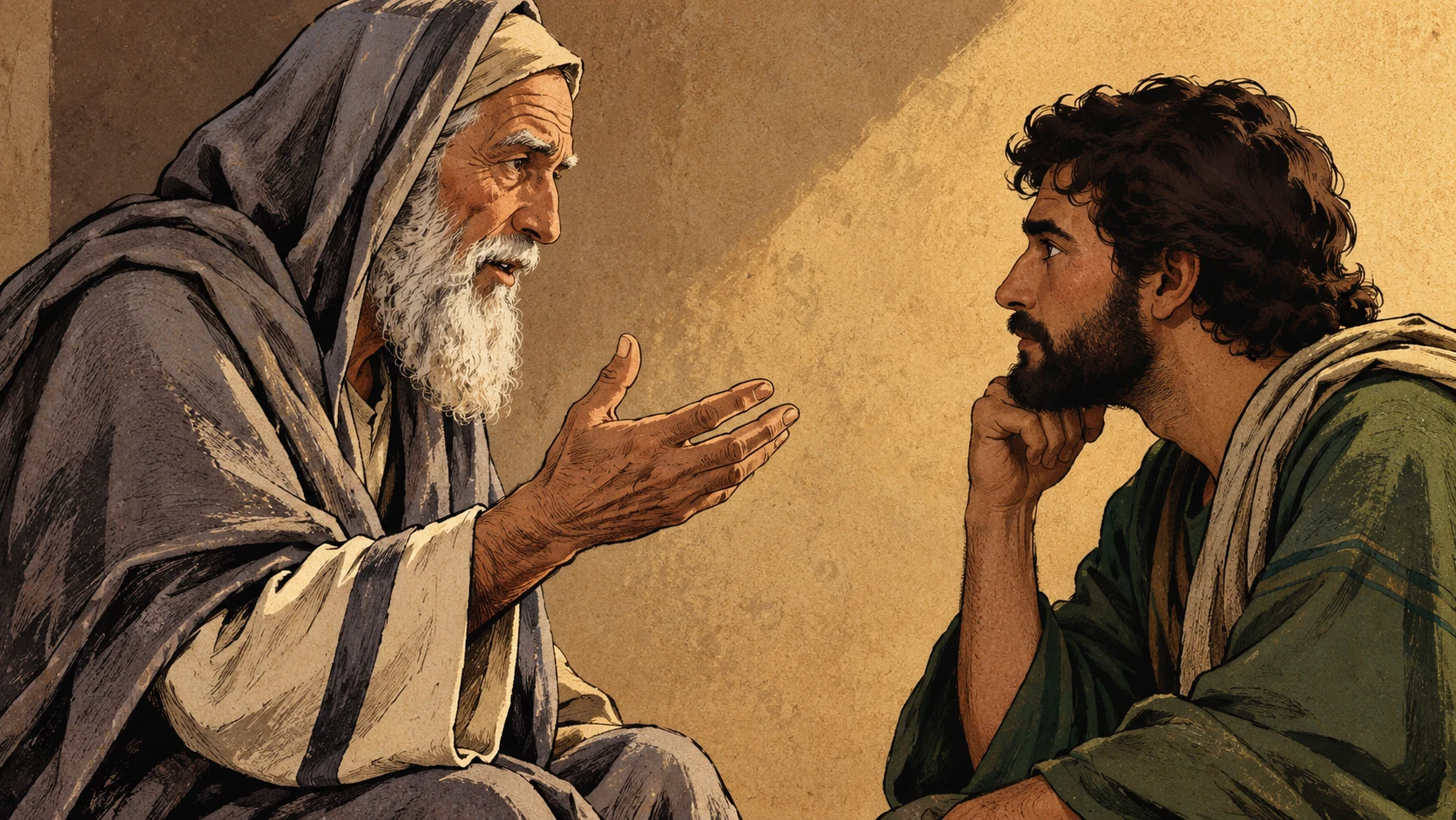 A gray-hooded elder addresses an attentive adult in green.