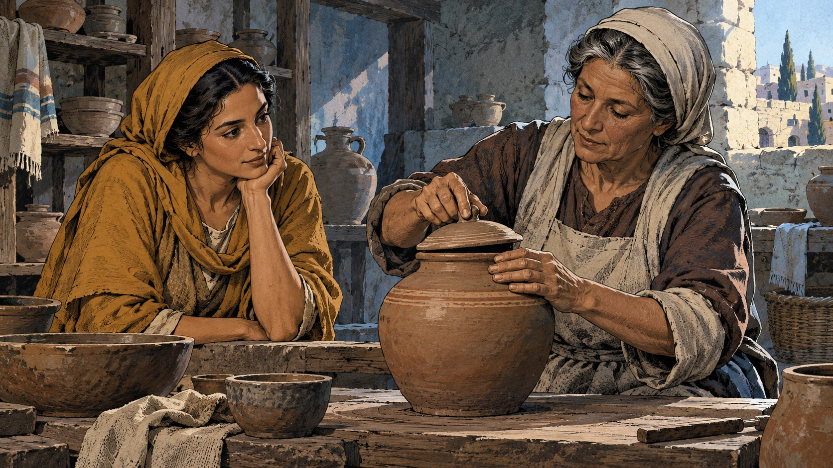 An adult woman watches an elder craftswoman fit a ceramic lid.