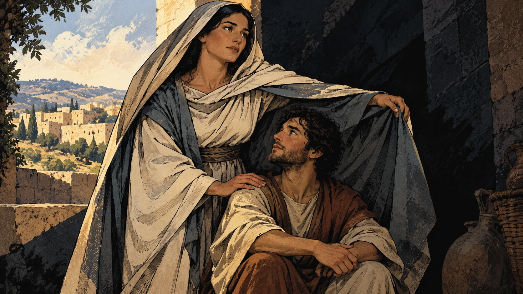 A symbolic woman shelters an adult beneath her broad mantle.