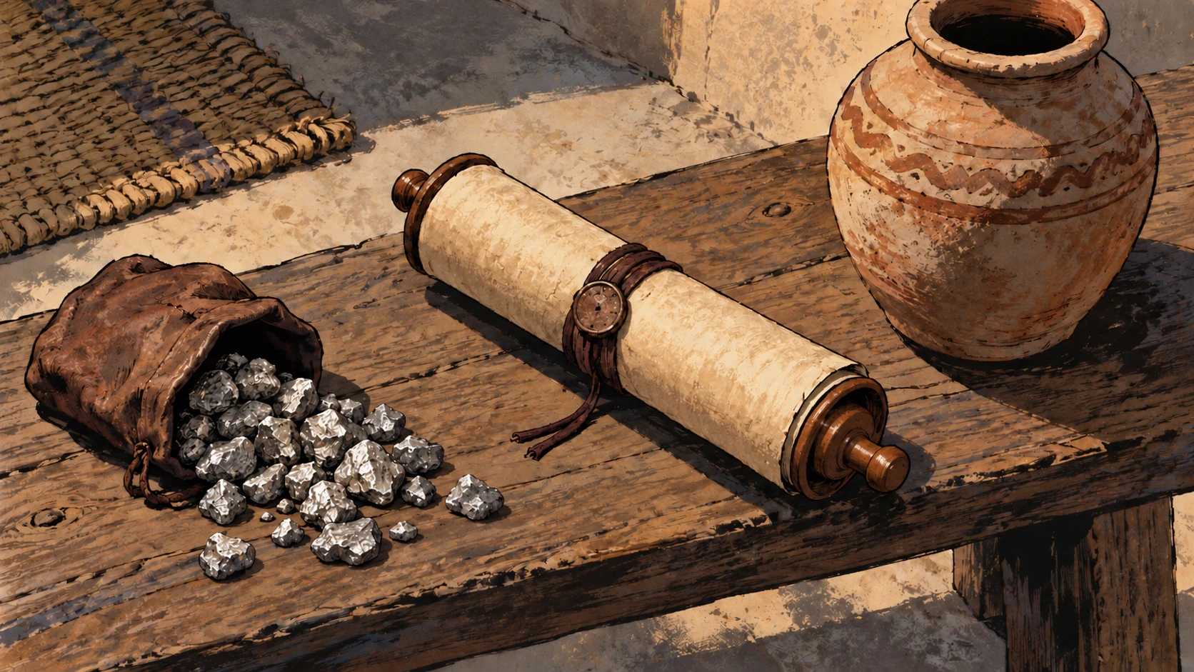 Raw silver, a closed teaching scroll, and a clay jar rest on a bench.
