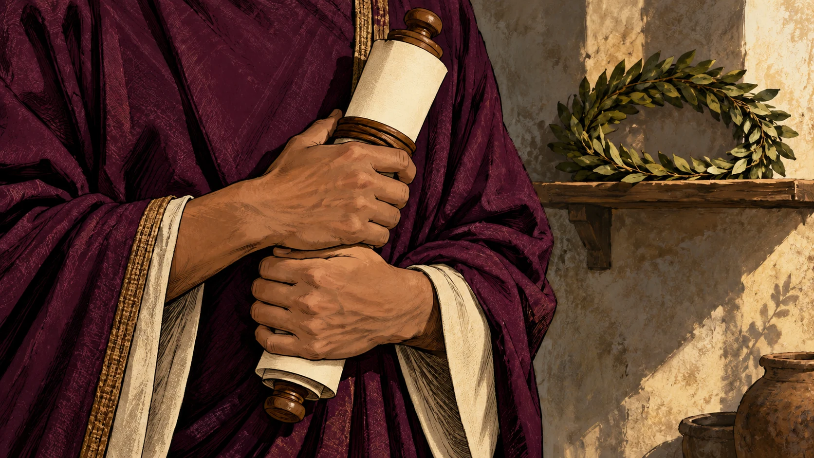 Hands hold a closed scroll against a plum garment beside a wreath.