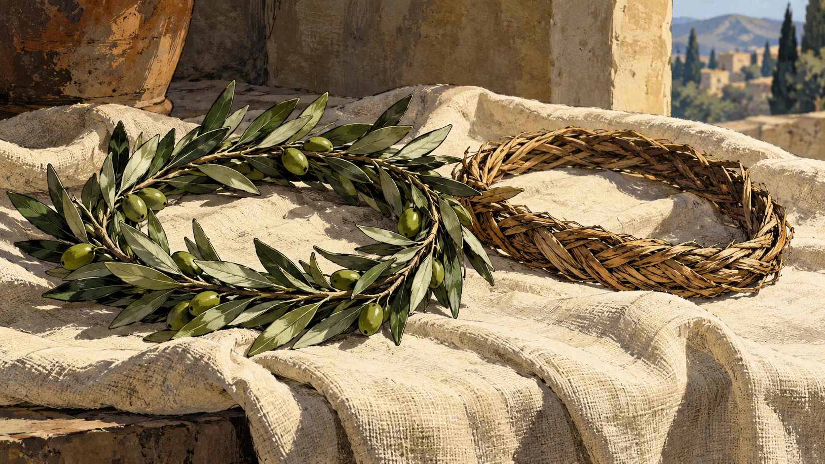 An olive wreath and woven circlet rest on cream linen.