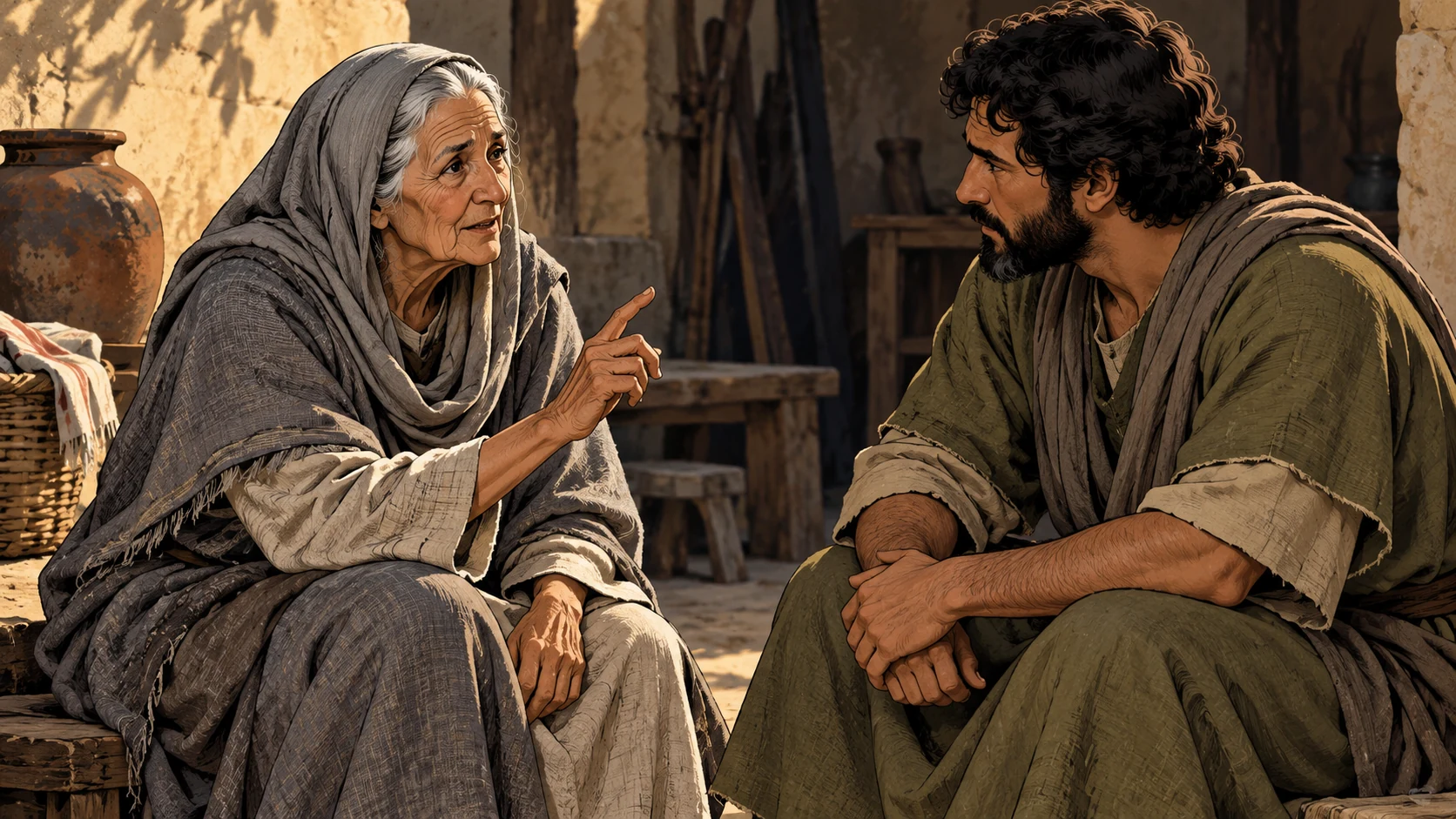 An elderly woman teaches an attentive adult man at a shaded table.