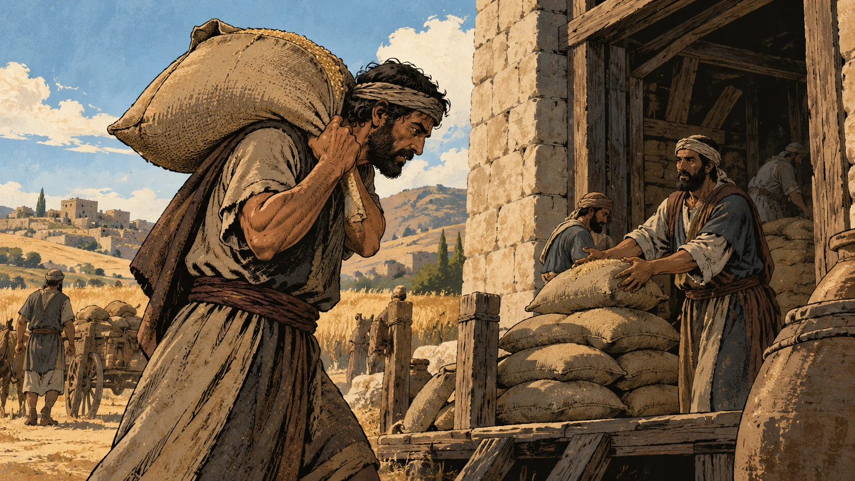 A burdened worker carries a grain sack toward other adults at a warehouse.
