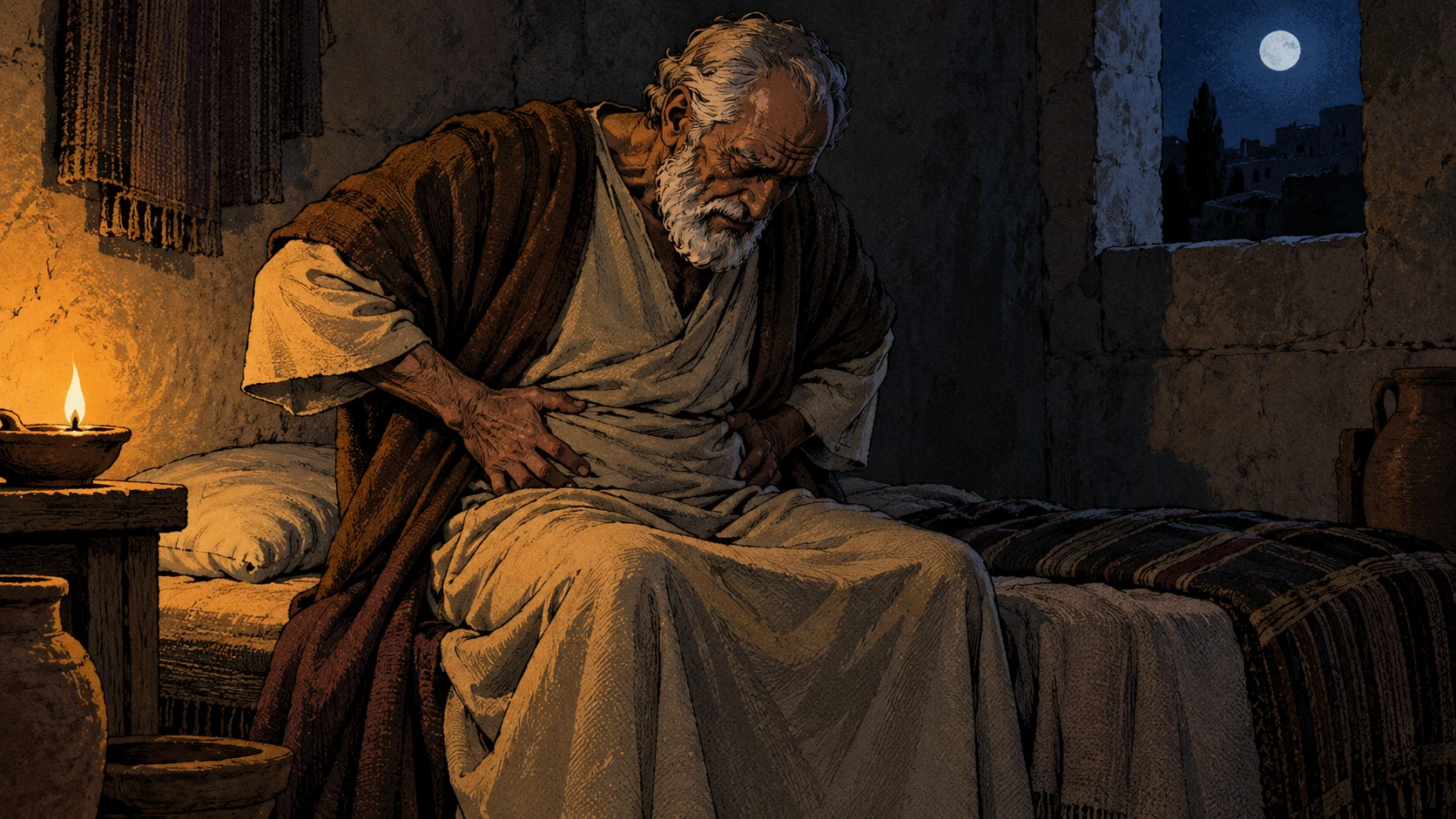 A frail elder holds his body in distress beside lamplight in a dark room.