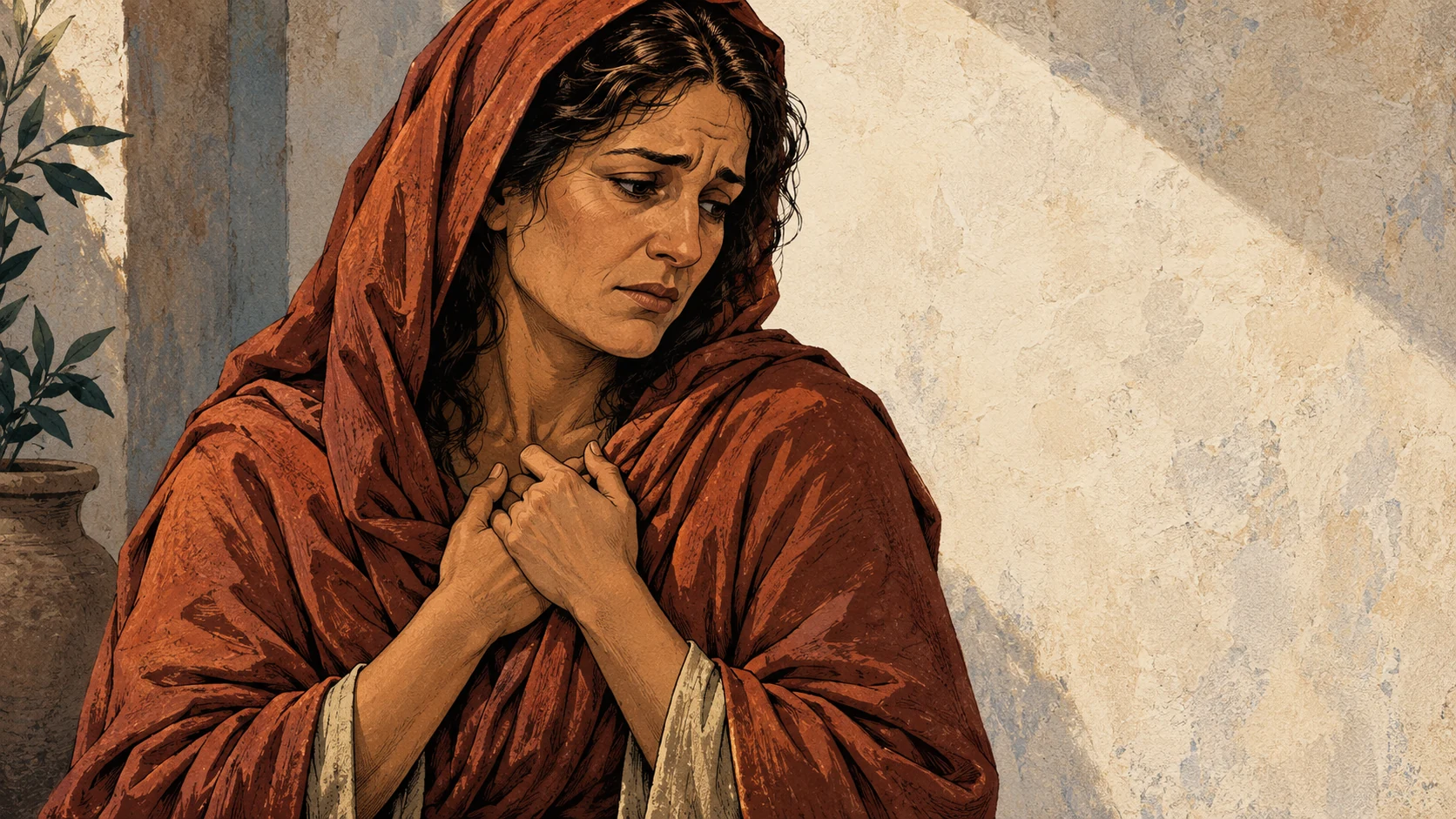 An adult woman in rust-colored clothing looks regretful with her hands near her heart.