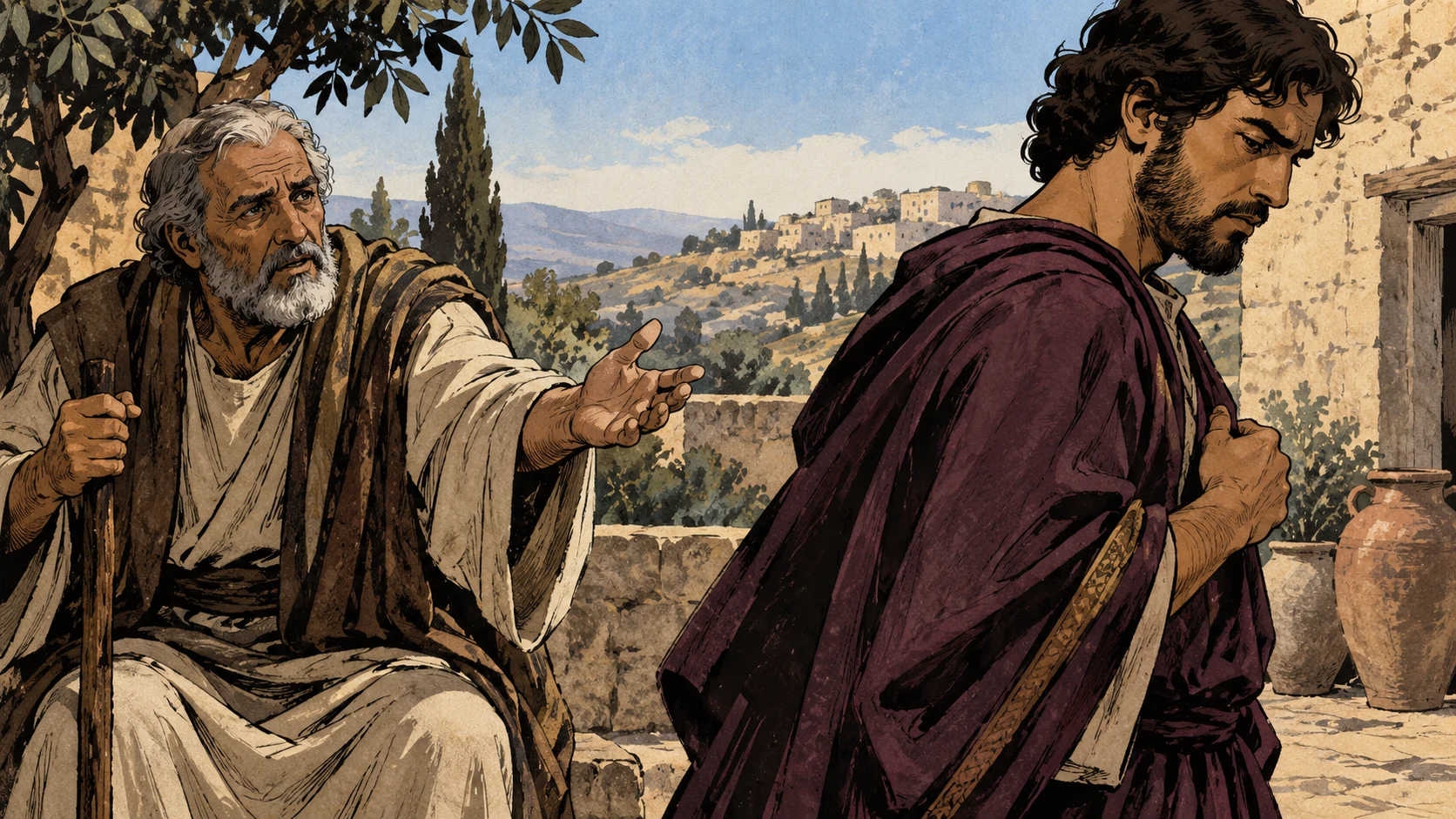 An adult man in plum clothing turns away from an elder teacher’s outstretched hand.